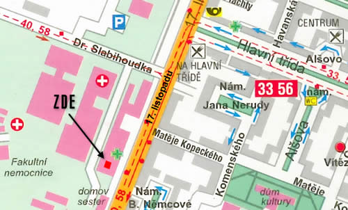 Mapka: Stánek s pečivem SEVAL ve vestibulu Fakultní polikliniky v Ostravě-Porubě